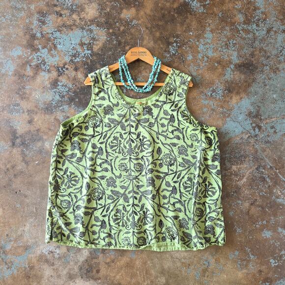 Tianello Short Sleeve Top Tank Set Plus Size 2X Green Floral Print Camp Shirt - Picture 7 of 11